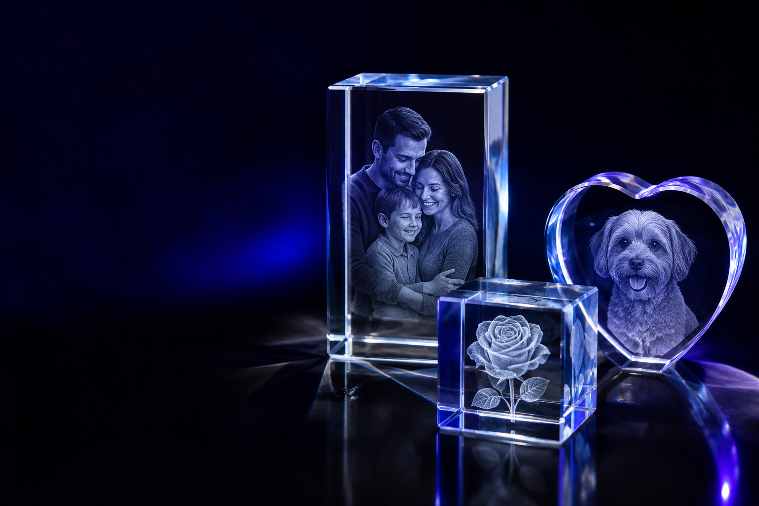 A rectangle, heart, and cube crystal with personalized engravings