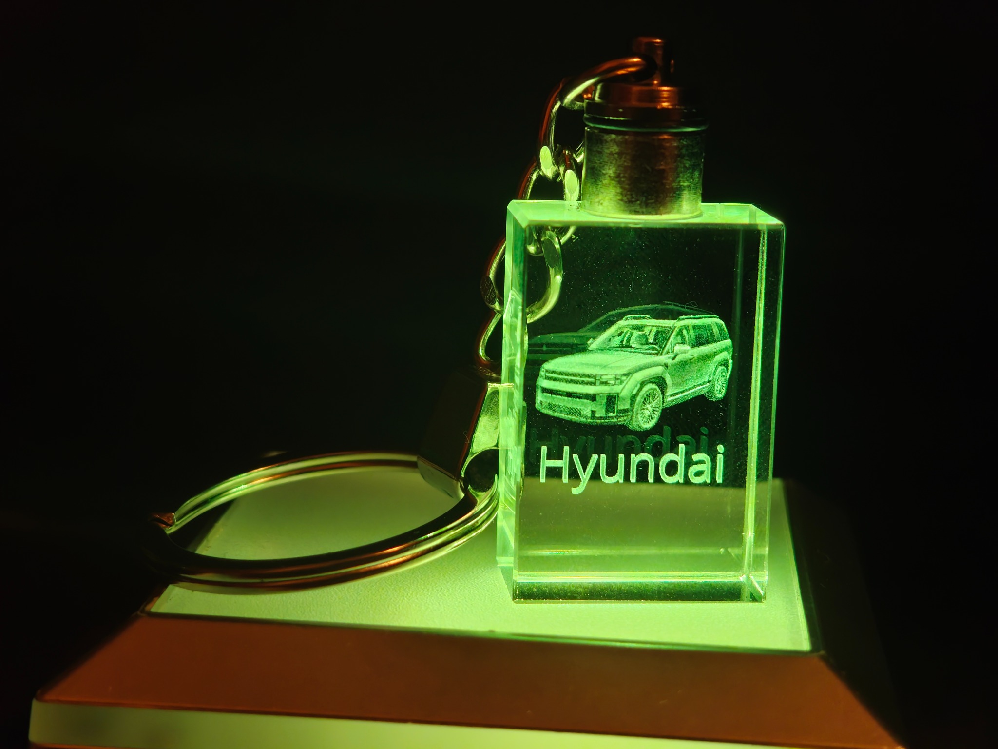 Hyundai vehicle engraved in a crystal photo keychain with green lighting